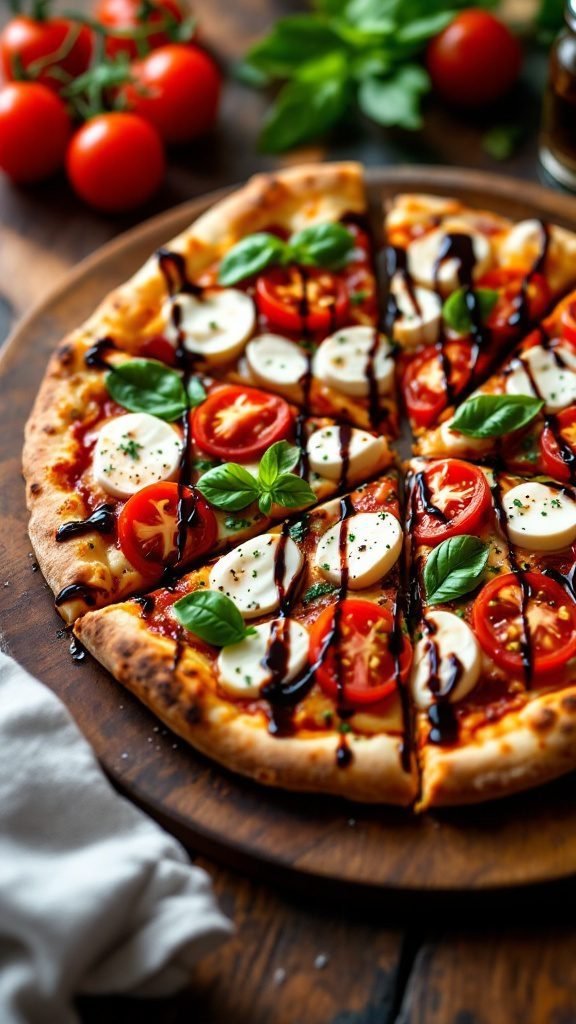 Caprese pizza with fresh tomatoes, mozzarella, basil, and balsamic glaze