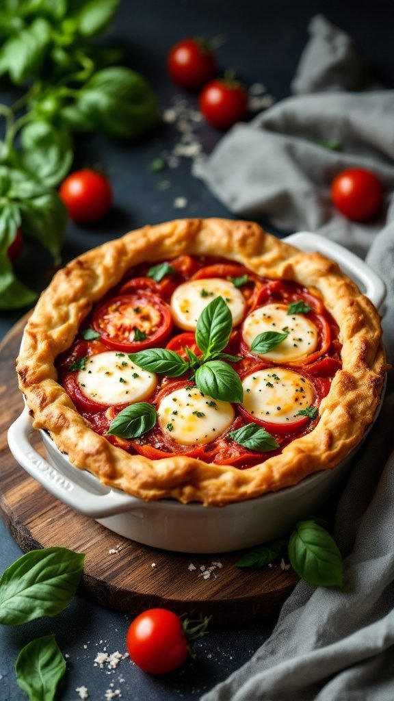 A delicious Caprese pot pie with fresh ingredients, golden crust, and basil garnish.