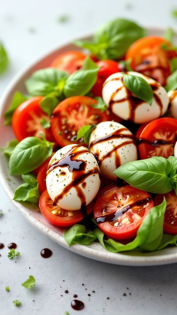 A colorful Caprese Salad featuring sliced tomatoes, mozzarella, and fresh basil, drizzled with balsamic glaze.