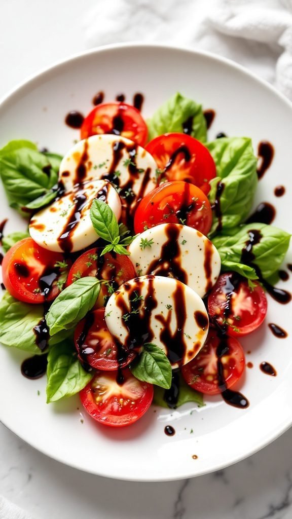 A fresh Caprese salad with tomatoes, mozzarella, basil, and balsamic glaze.