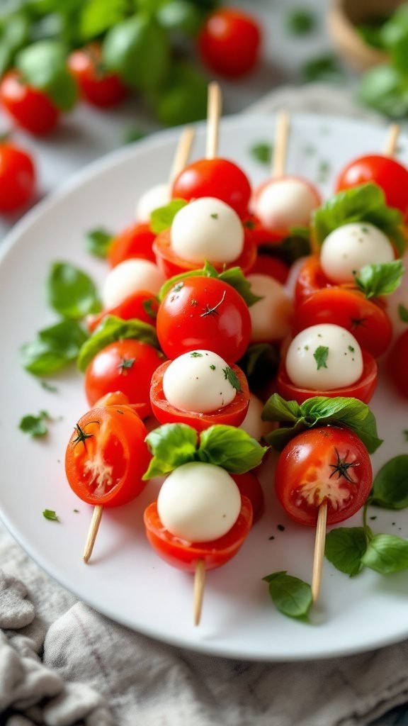 Plate of Caprese skewers with cherry tomatoes, mozzarella, and basil
