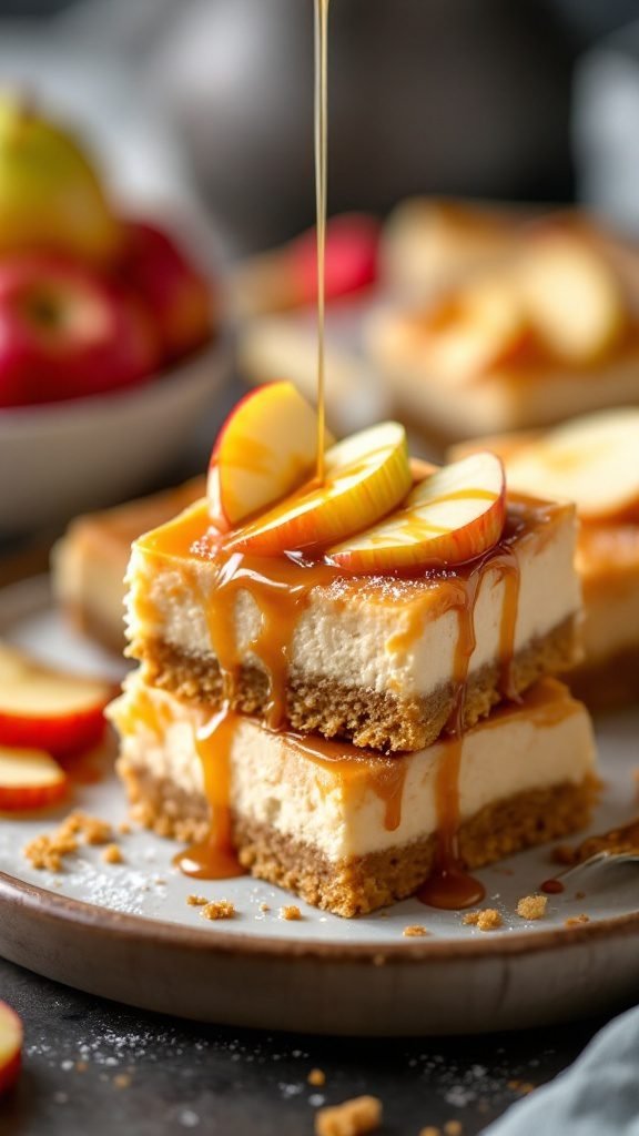 Delicious caramel apple cheesecake bars with a graham cracker crust and caramel drizzle on top.