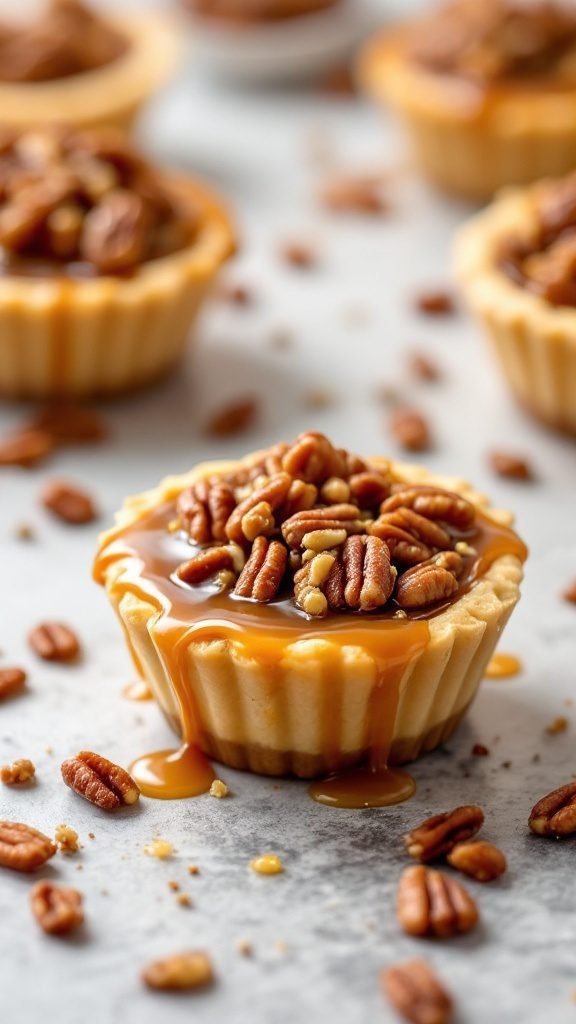 Delicious Caramel Pecan Pie Cups topped with pecans and drizzled with caramel.