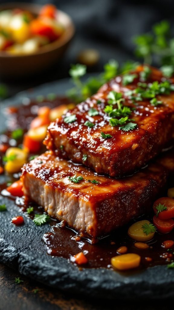 Delicious caramelized BBQ pork belly served with herbs and sauce.