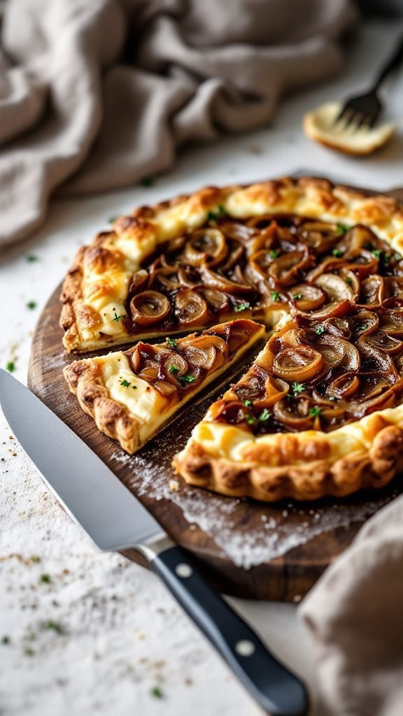 A delicious caramelized onion and brie tart on a wooden board, sliced and ready to serve.