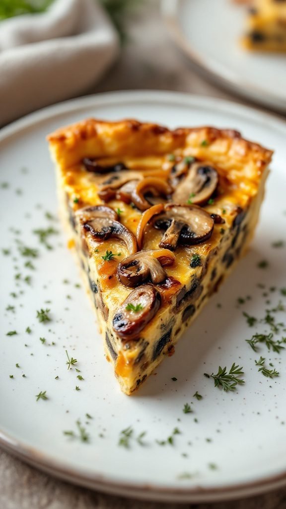 Slice of caramelized onion and mushroom quiche on a plate