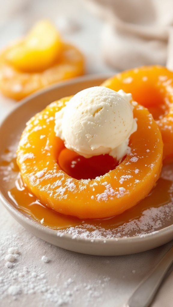 Caramelized pineapple rings with a scoop of vanilla ice cream on a plate