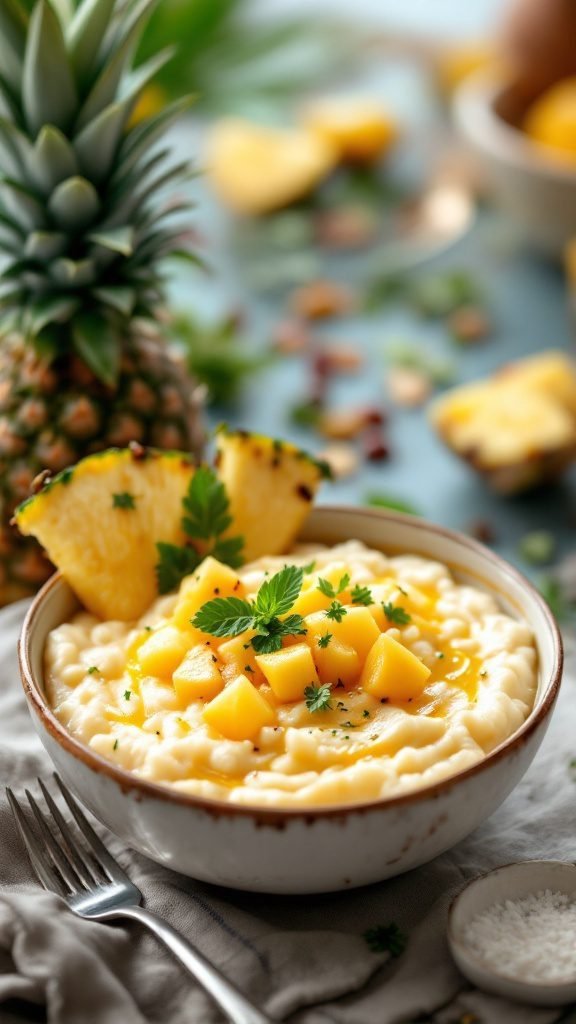 A bowl of creamy coconut grits topped with fresh fruit and herbs.