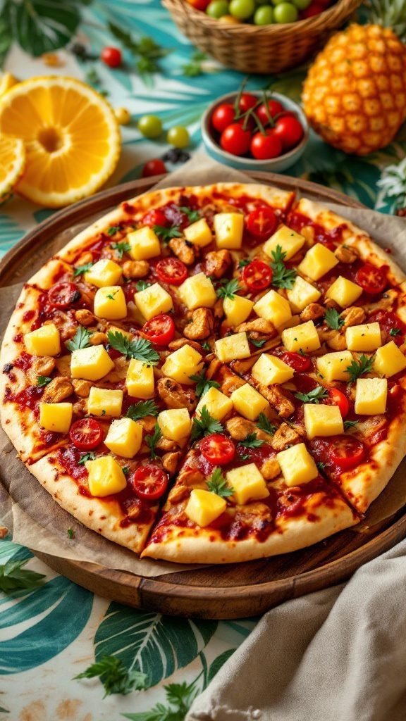 Delicious Caribbean Jerk Chicken Pizza with pineapple chunks and cherry tomatoes