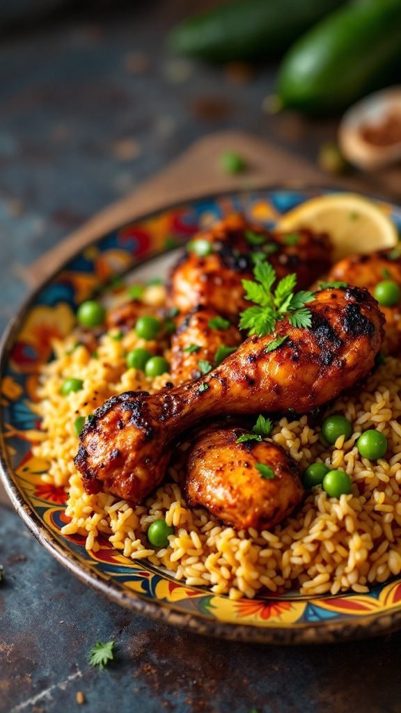 A plate of Caribbean jerk chicken served over rice with peas and garnished with lime.