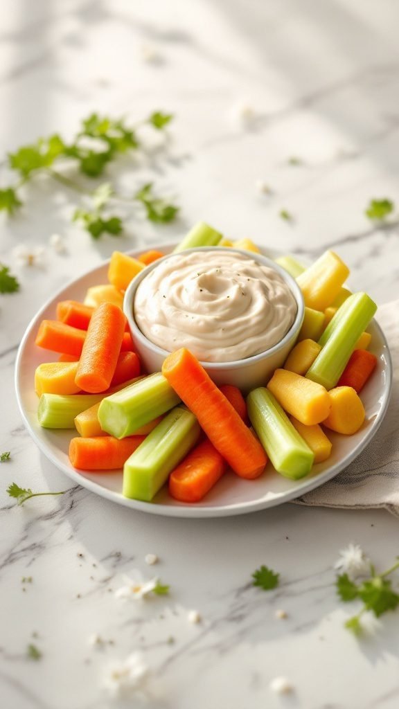 Healthy carrot and celery sticks arranged on a plate with a creamy dip.