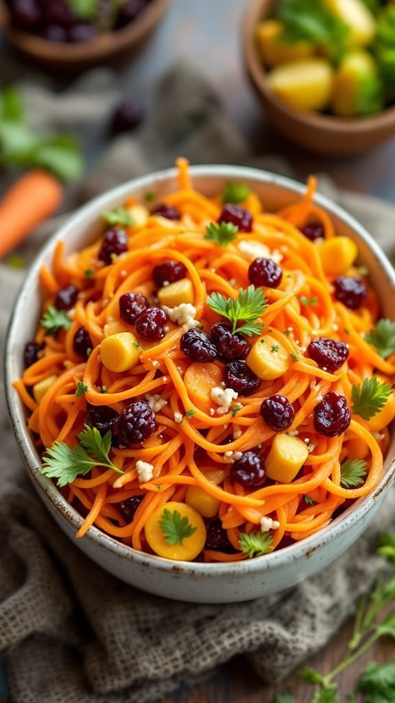 A colorful carrot and raisin salad with nuts and herbs.