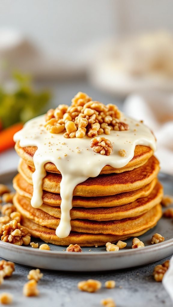 Deliciously stacked carrot cake pancakes topped with cream cheese icing and walnuts.