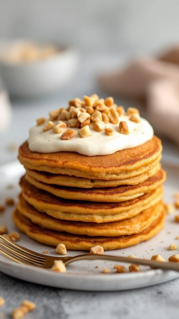Delicious stack of carrot cake pancakes topped with cream cheese and walnuts