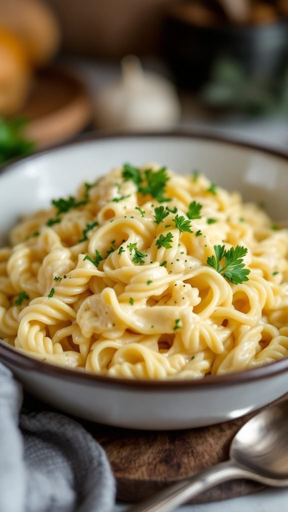 A bowl of creamy cauliflower alfredo pasta garnished with parsley.