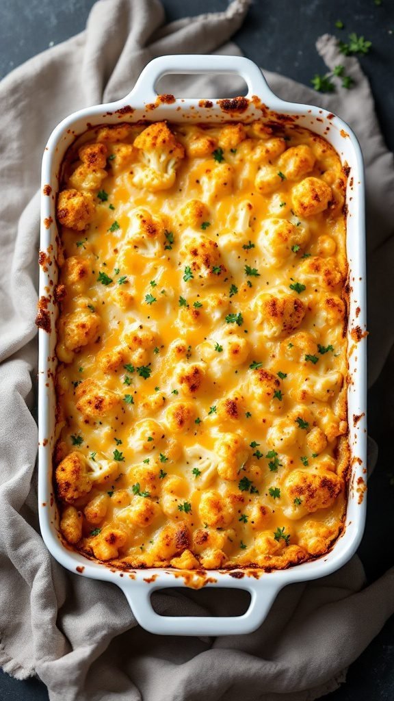 A baked dish of cauliflower and cheese with a golden crust, garnished with parsley.