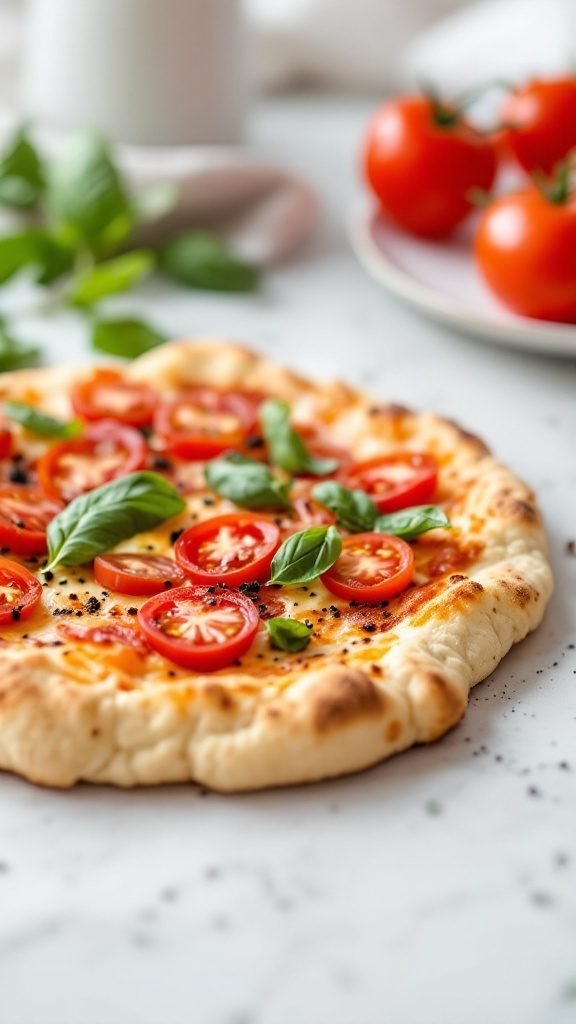 A delicious cauliflower crust pizza topped with fresh tomatoes and basil.