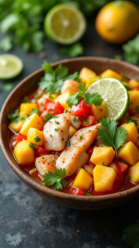 A bowl of ceviche made with fish, mango, and cilantro.