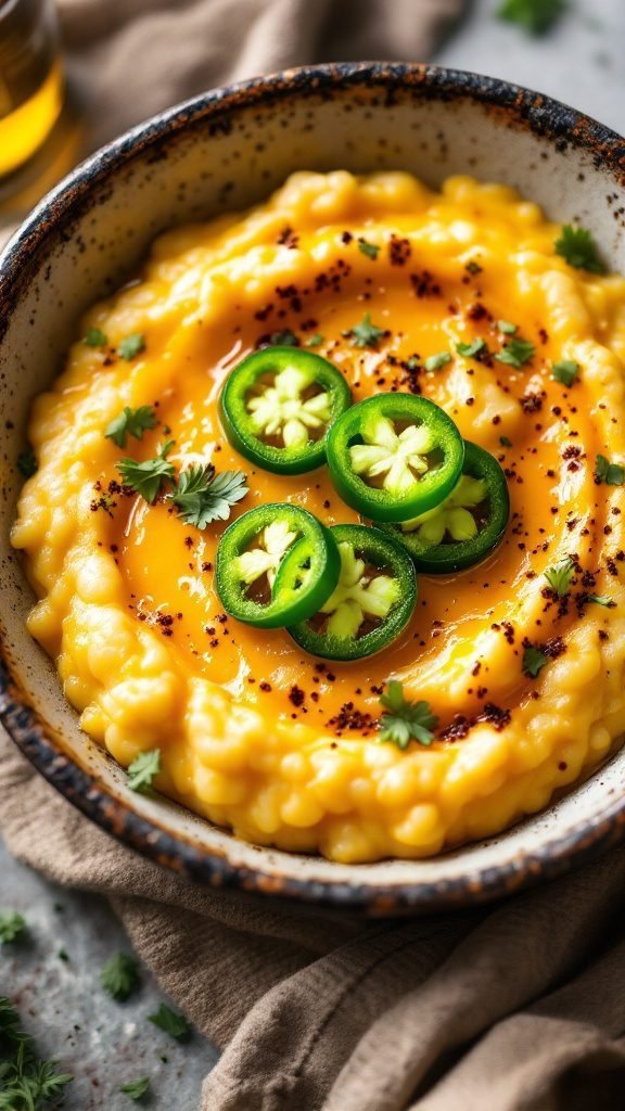 Bowl of creamy cheddar and jalapeño grits topped with jalapeño slices and herbs