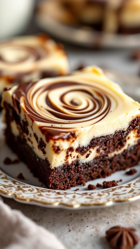 Delicious cheesecake swirl brownies on a decorative plate.