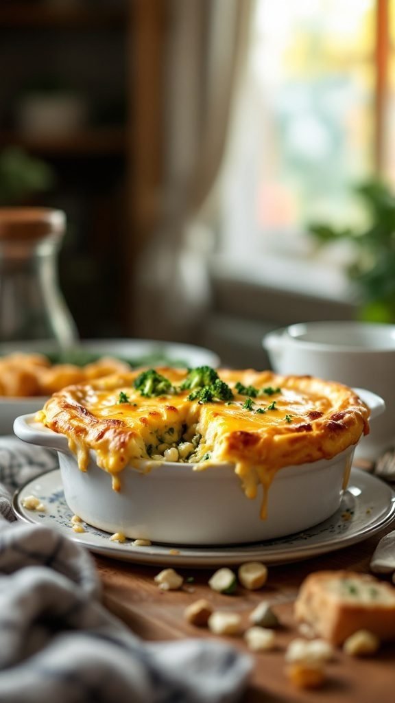 Cheesy Broccoli and Rice Pot Pie in a white dish