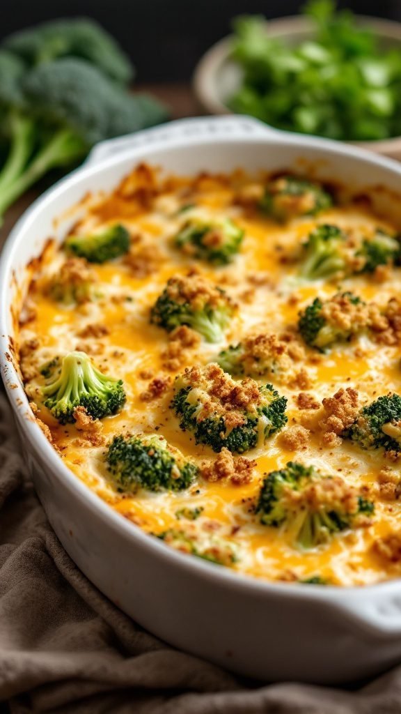 Cheesy broccoli casserole in a baking dish with a crispy topping.