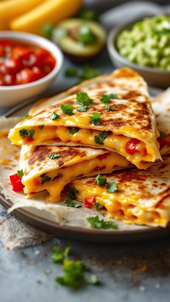 A plate of cheesy quesadillas filled with melted cheese and diced peppers, garnished with fresh cilantro.