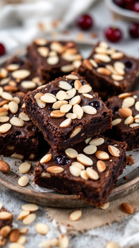 Delicious cherry almond brownies topped with sliced almonds and chocolate chunks.