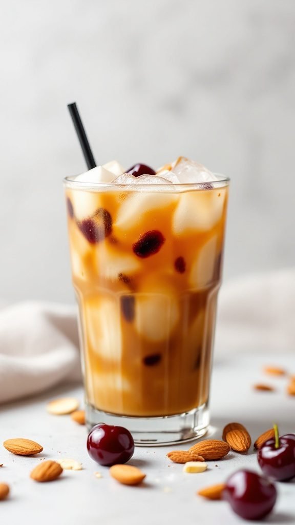 A glass of Cherry Almond Iced Coffee with ice cubes and cherries.