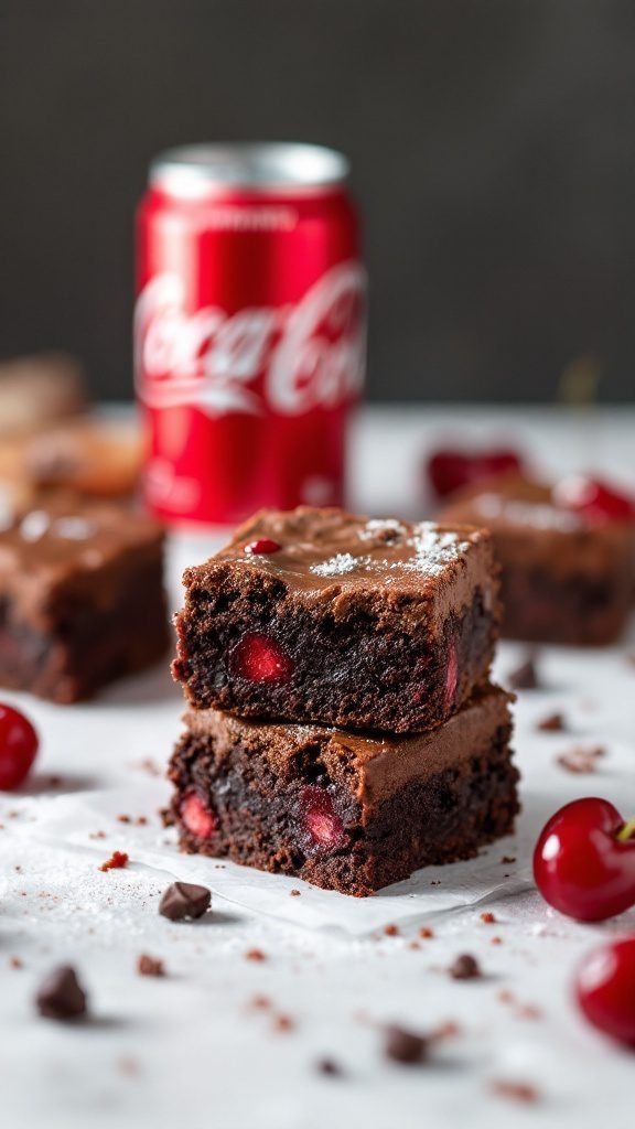 Cherry Cola Brownies stacked on a table with cherries and a soda can in the background.
