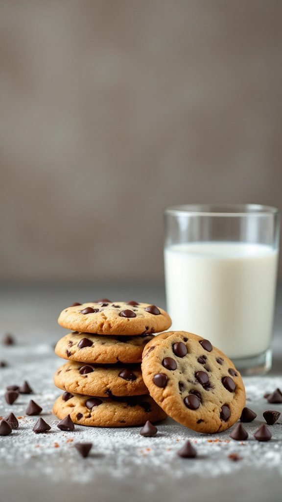A stack of chewy chocolate chip cookies with chocolate chunks and a glass of milk.