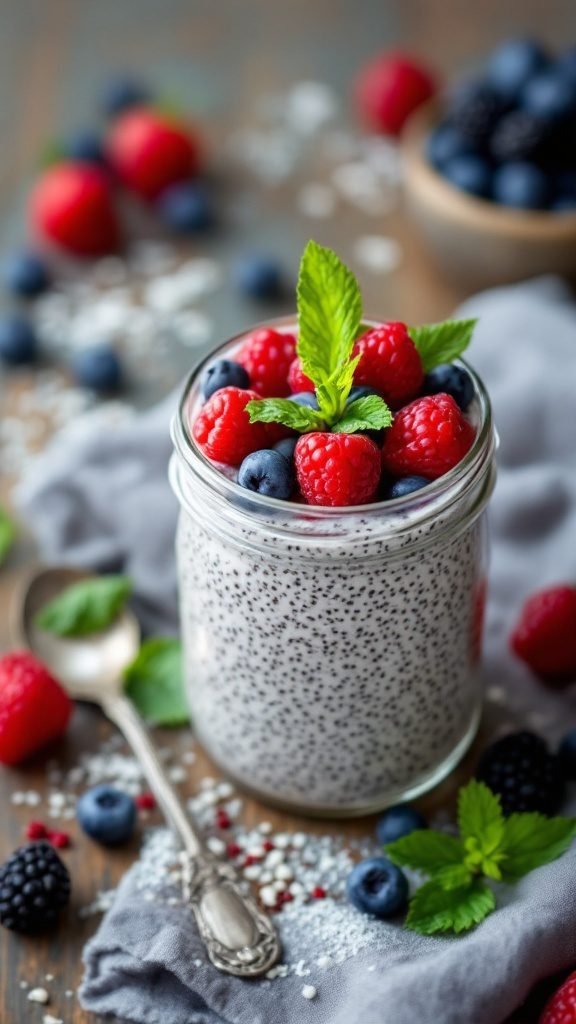 A jar of chia seed pudding topped with fresh berries and mint leaves