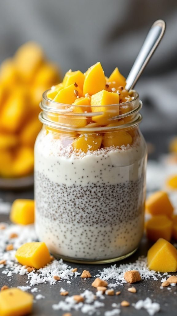 Chia seed pudding topped with fresh mango and shredded coconut.
