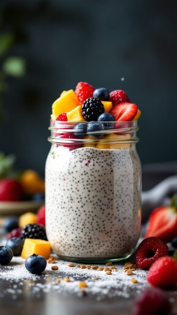 Chia seed pudding topped with a variety of fresh fruits