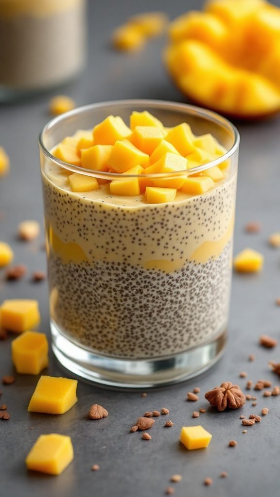 Chia seed pudding topped with diced mango in a glass.