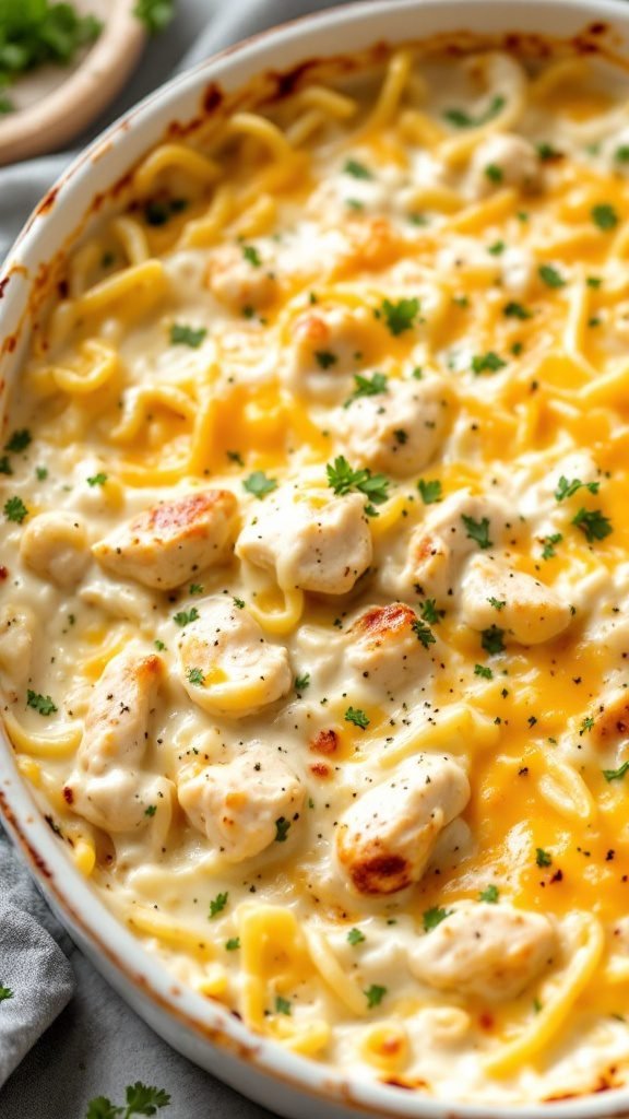 Creamy chicken alfredo bake with pasta and melted cheese.