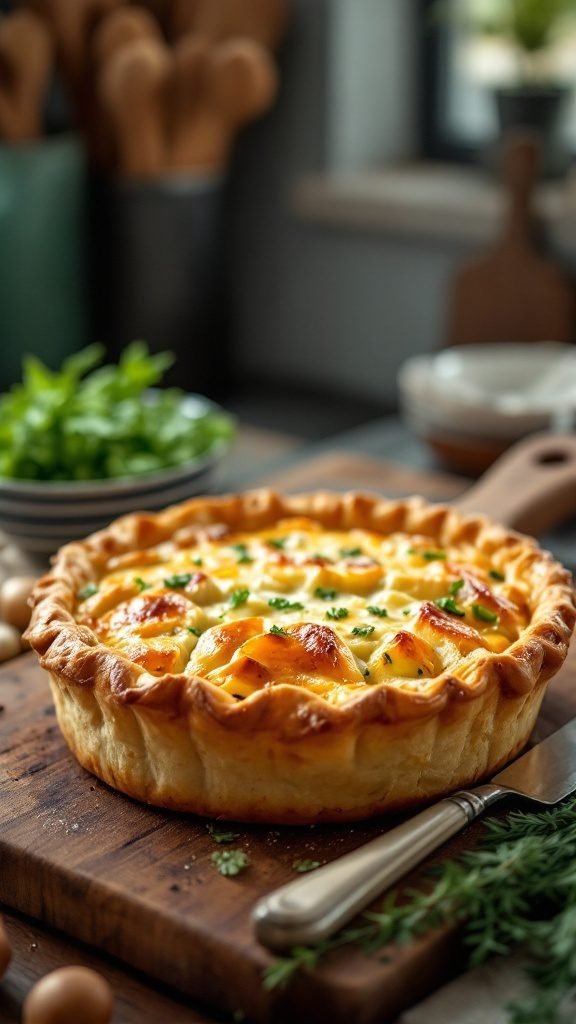 A delicious chicken and leek pie with a flaky crust, freshly baked and garnished with herbs.
