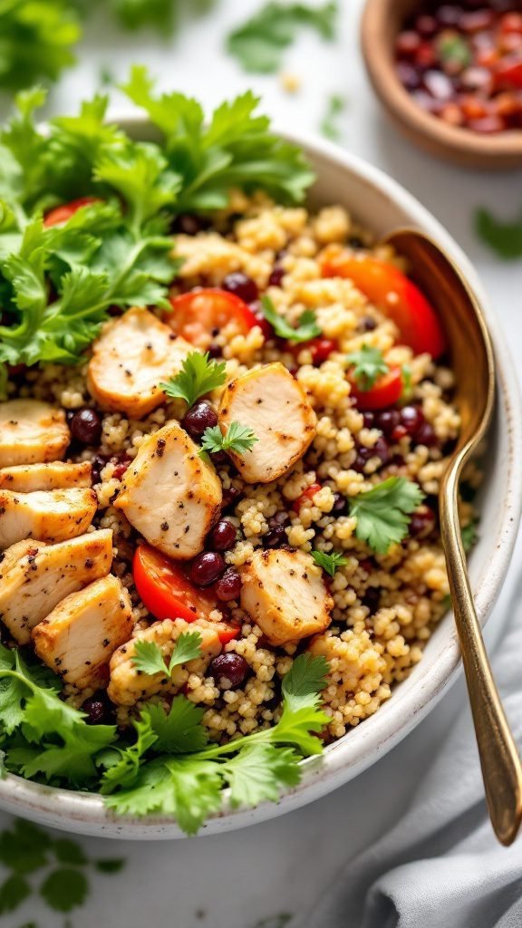 A vibrant chicken and quinoa salad with fresh ingredients.