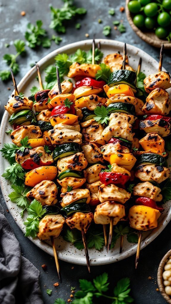 Grilled chicken and vegetable skewers arranged on a platter