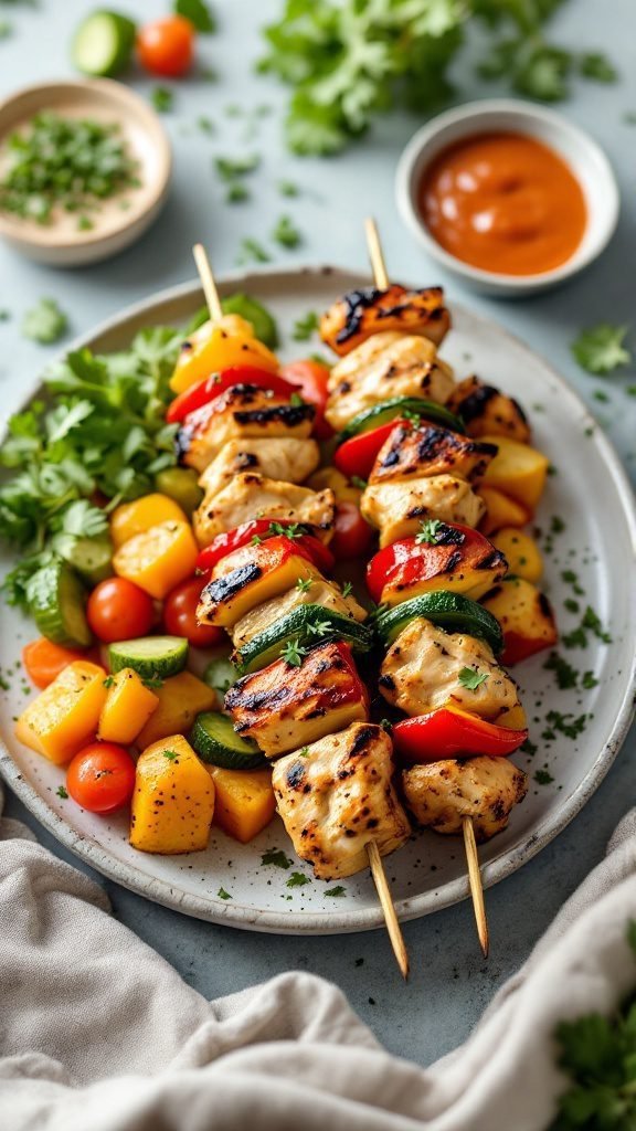 Plate of chicken and veggie skewers with colorful vegetables