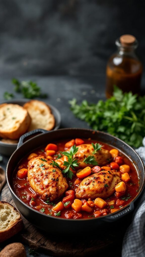 A comforting dish of chicken cacciatore with colorful vegetables in a rich tomato sauce.