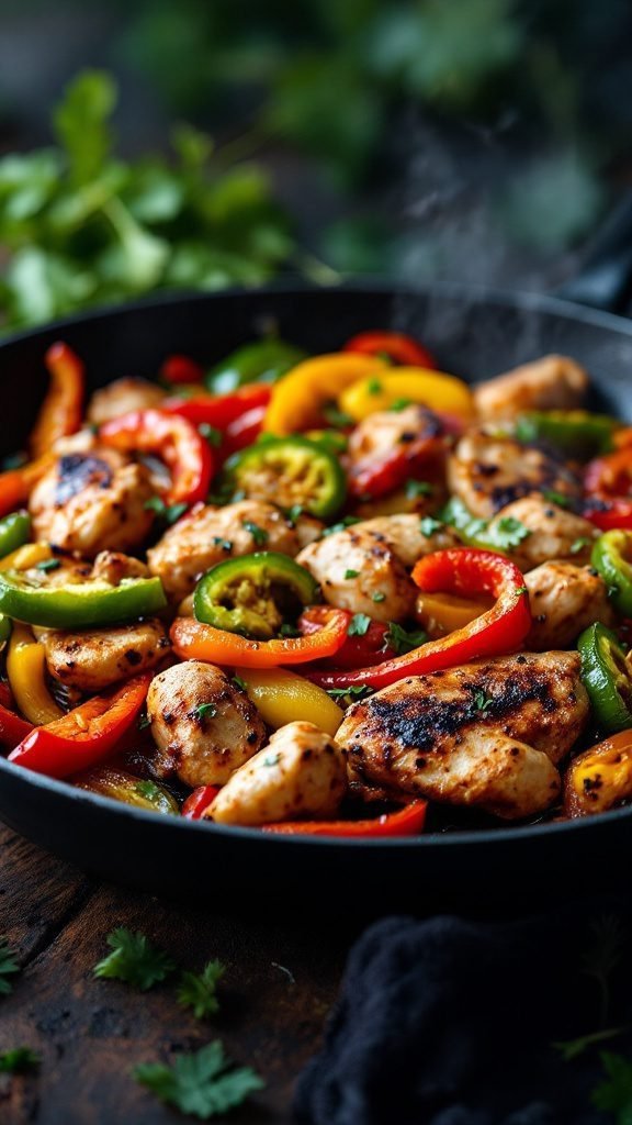 A delicious plate of chicken fajitas with sautéed peppers and onions.