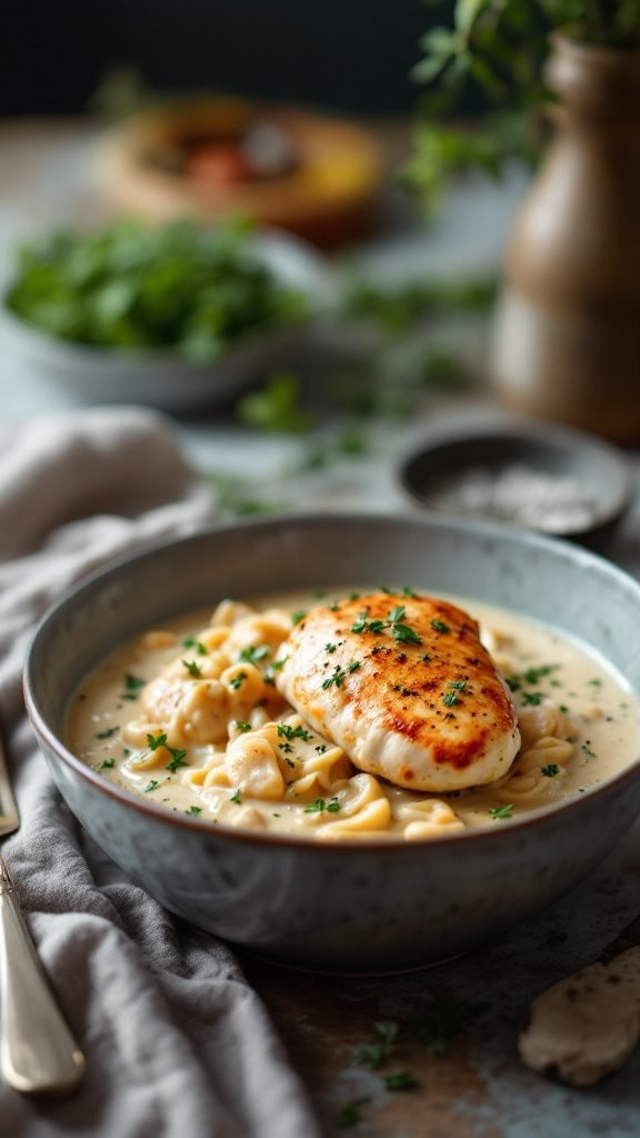 A bowl of Chicken Fricassée with creamy sauce and herbs.