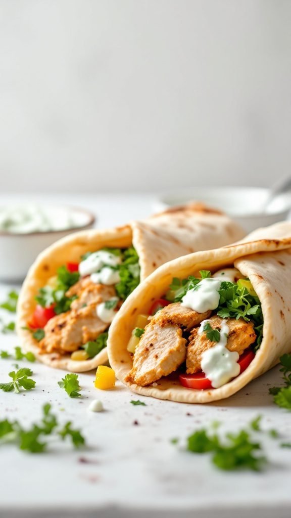Chicken gyros wrapped in pita with fresh vegetables and tzatziki sauce.