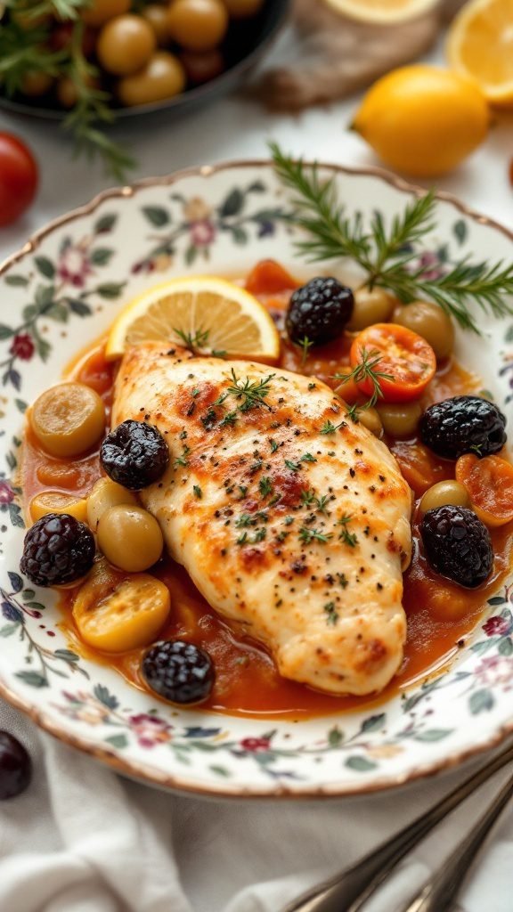 A plate of Chicken Marbella with olives and prunes surrounded by fresh herbs.