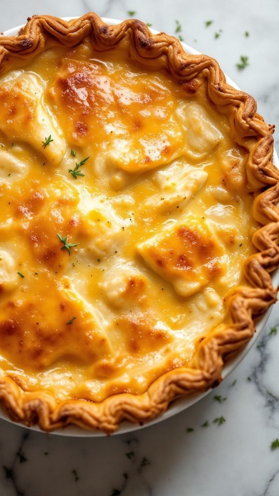 A golden chicken pot pie with flaky crust and creamy filling.