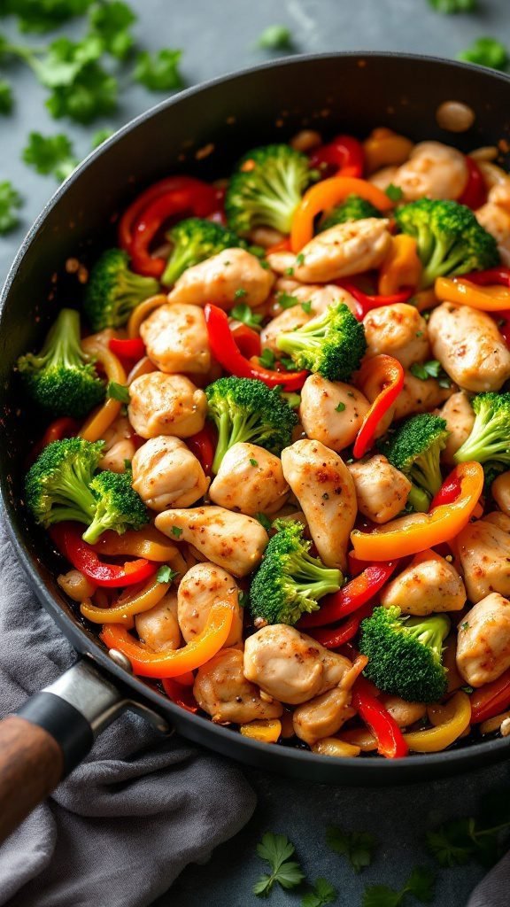 A colorful chicken stir-fry with broccoli and bell peppers.