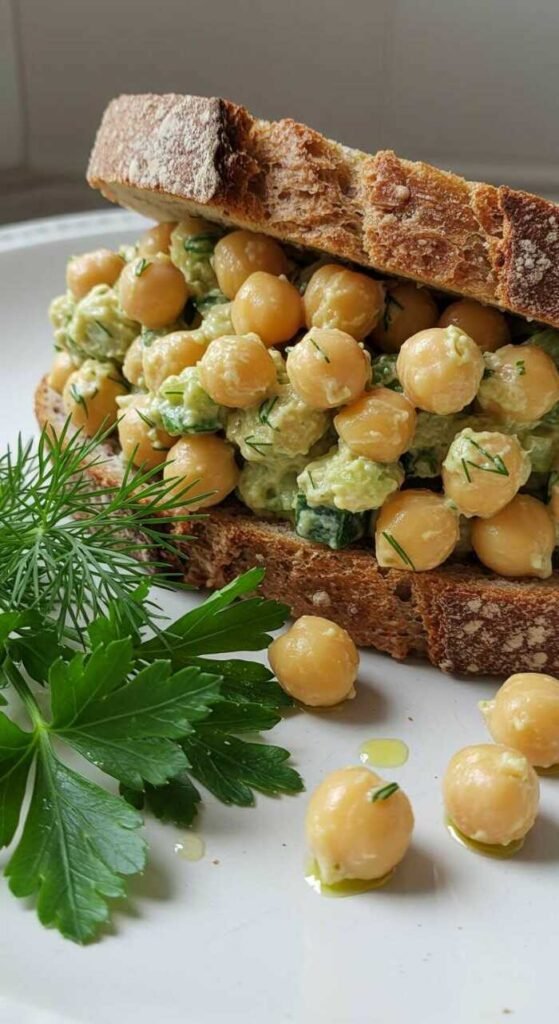 Chickpea salad sandwich beautifully presented on a plate with fresh herbs.