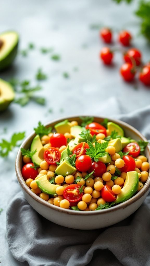 A vibrant chickpea and avocado salad with cherry tomatoes and fresh herbs.