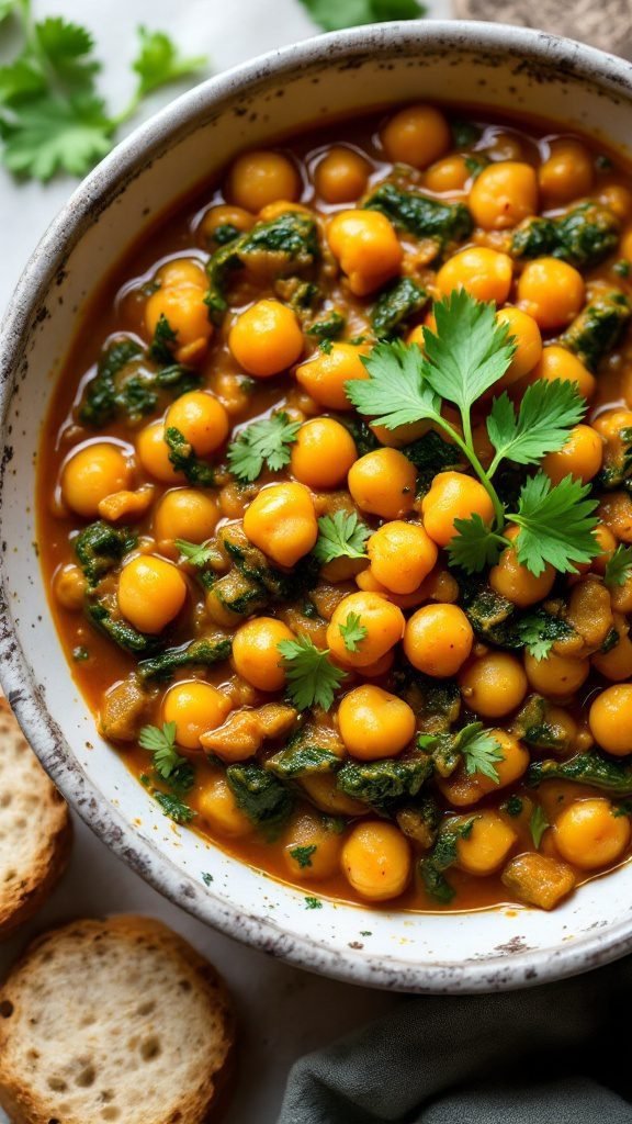 A bowl of Chickpea and Spinach Curry garnished with cilantro.